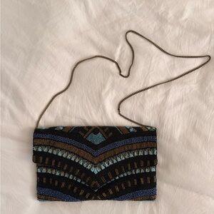 Embroidered Beaded Crossbody Clutch in Black and Teal